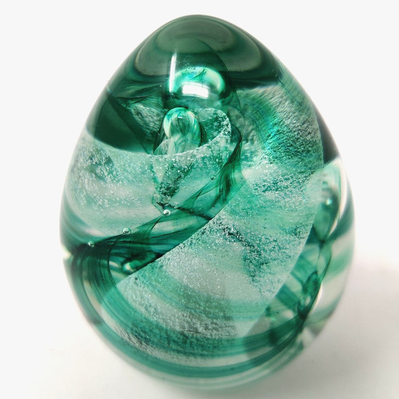 Vintage Studio Glass Paperweight Egg Green Swirl Signed Ann Corcoran '93 Nouwrot - Picture 3 of 16